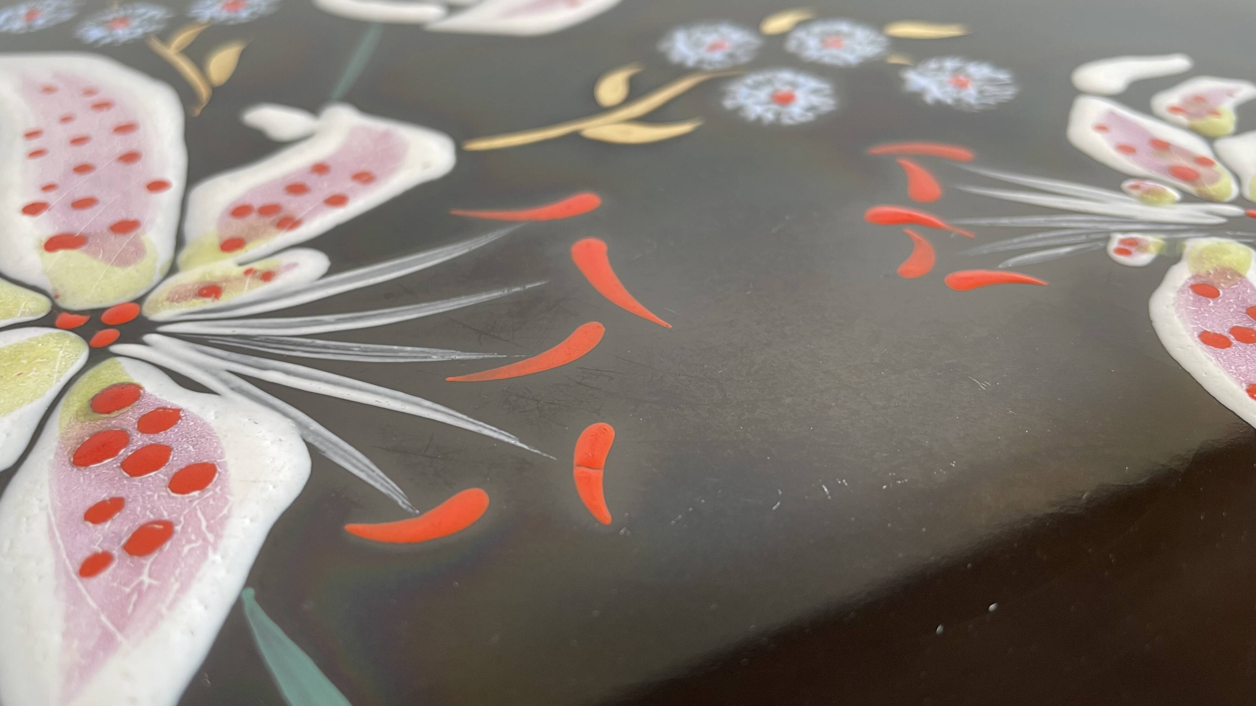 LONGWY PLATTER WITH LILIES signed L. VALENTI