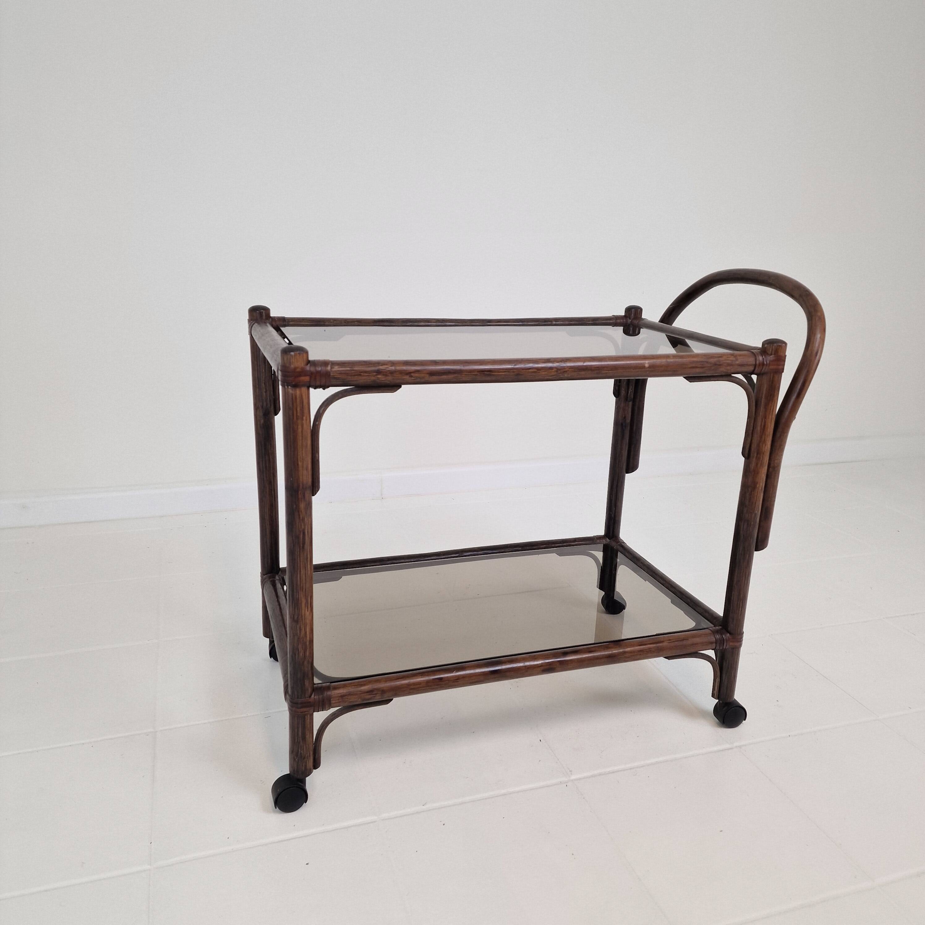Italian Bas Card or Trolley in Bentwood and Smoked Glass, 1970's
