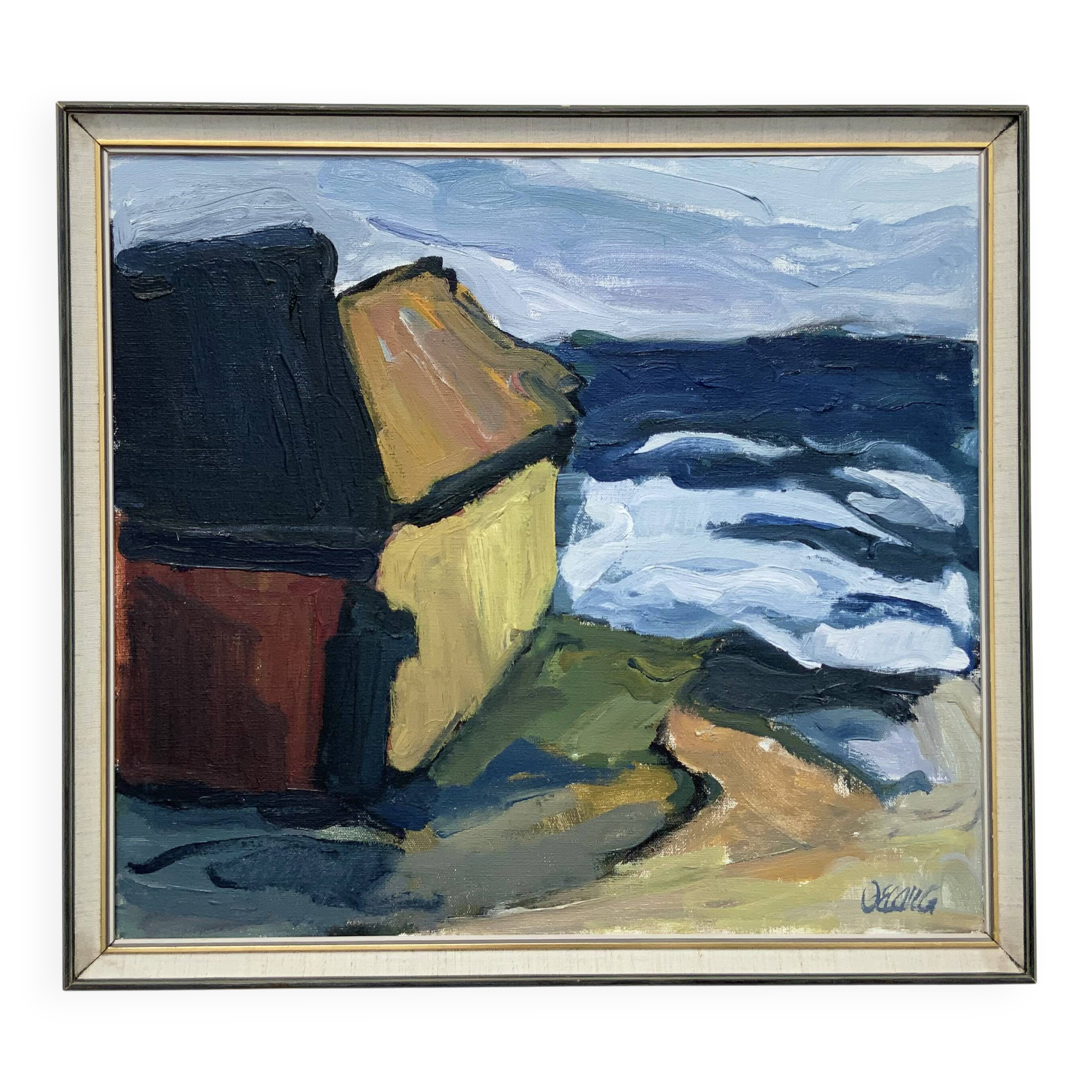 Peinture à l'huile sur toile expressionniste vintage "Maisons de bateaux", Stig Delang 76