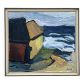 Peinture à l'huile sur toile expressionniste vintage "Maisons de bateaux", Stig Delang 76