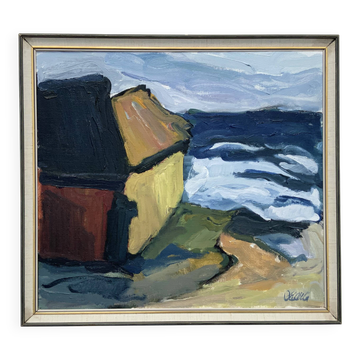 Vintage Expressionists Oil on Canvas painting ”Boathouses”, Stig Delang 76
