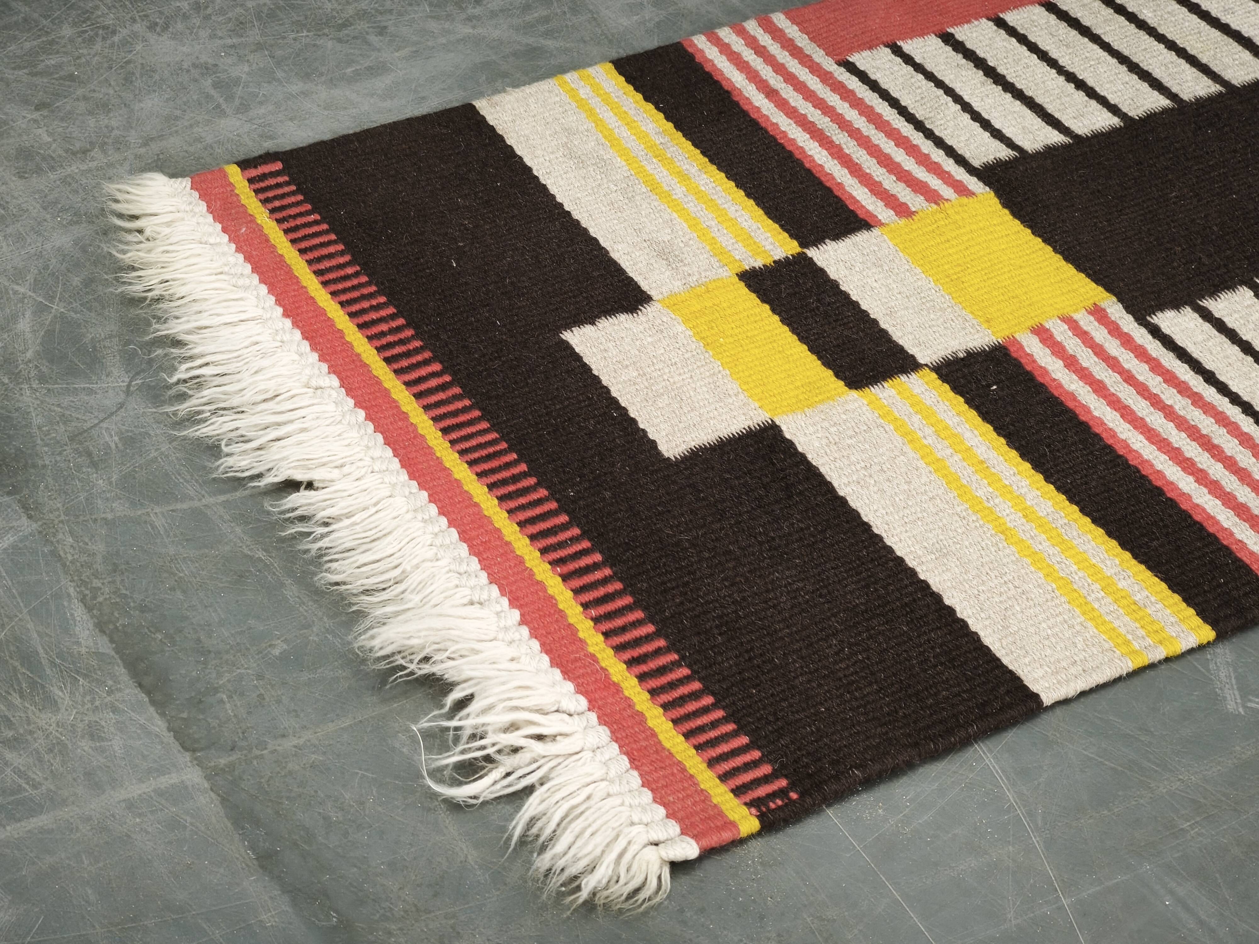 1950s Czech Geometric Wool Kilim Rug in Pink Black and Yellow