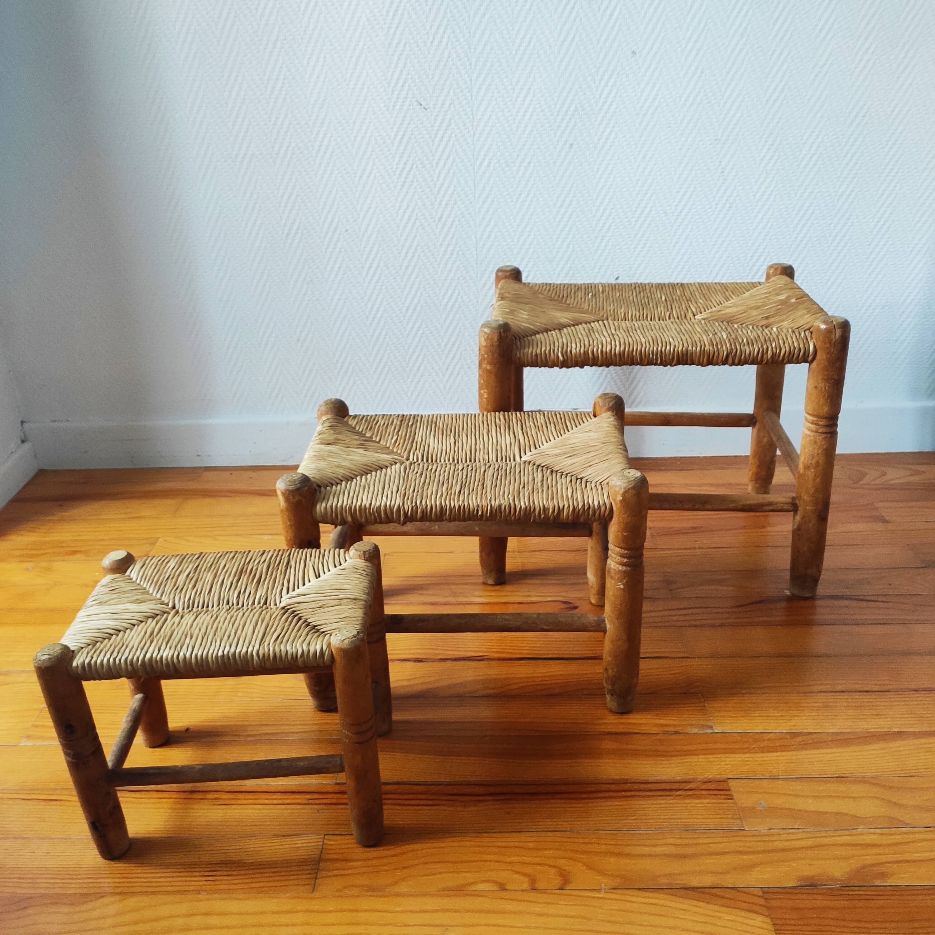 Set of 3 small wooden and straw benches/stools Vintage 60-70s