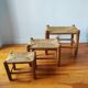 Set of 3 small wooden and straw benches/stools Vintage 60-70s