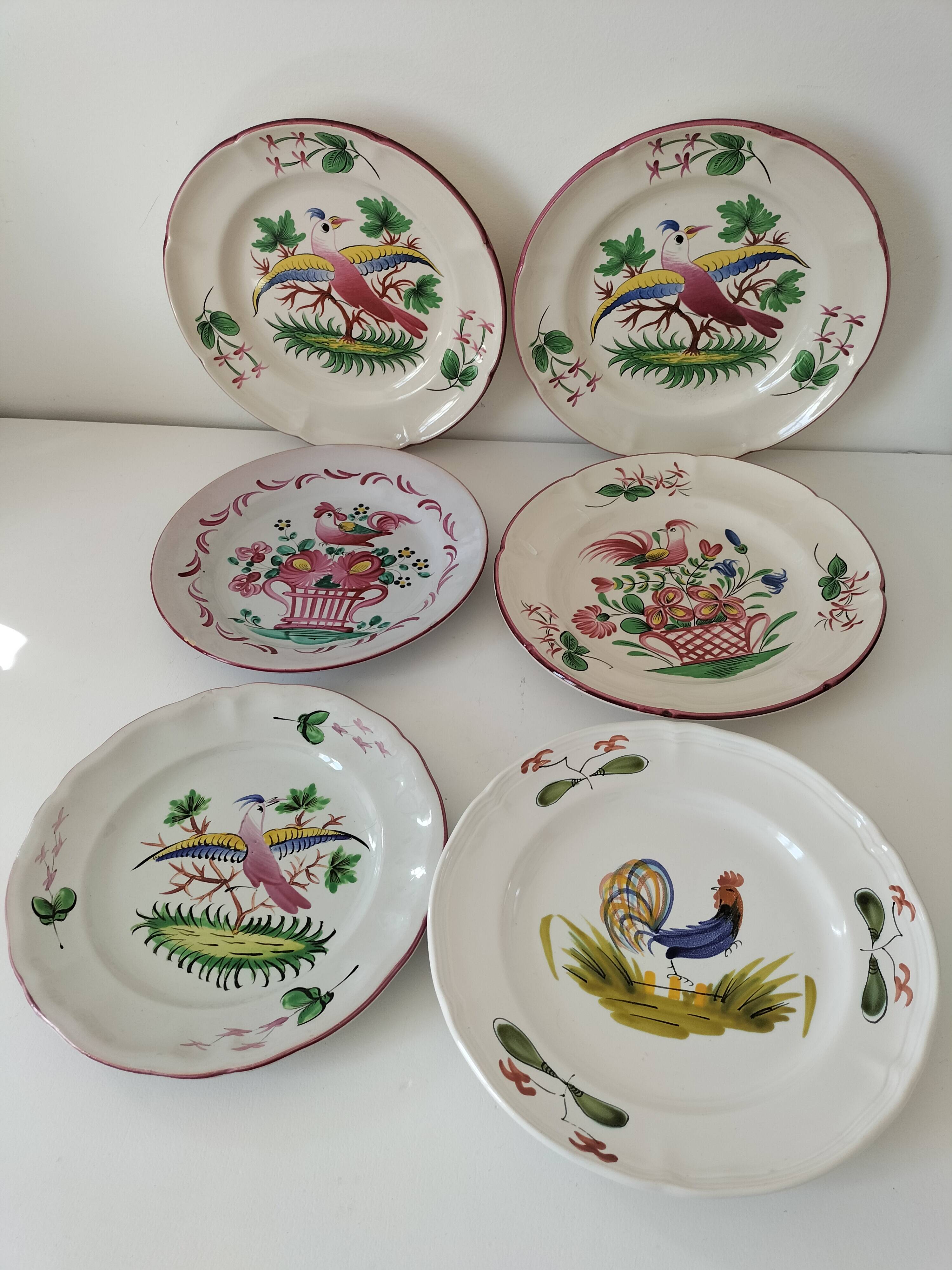 Set of 6 plates with birds and roosters.