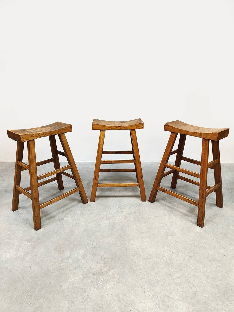 Brutalist vintage wooden curved bar stools