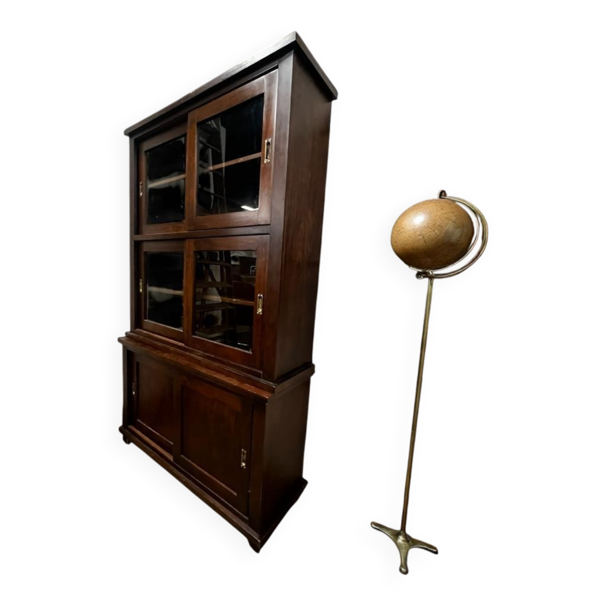 Vintage wooden display cabinet with sliding doors.