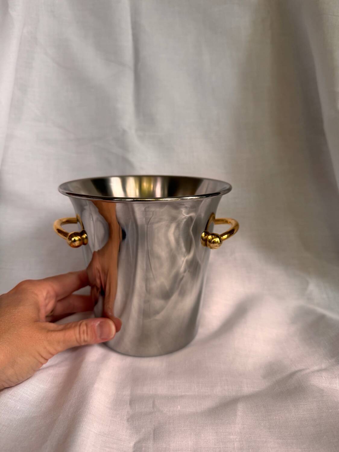 Guy Degrenne stainless steel ice bucket with golden handles