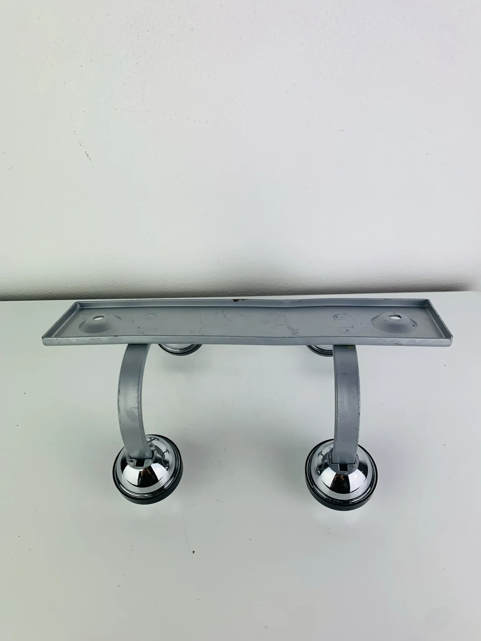 Wall-mounted coat rack, double chrome and grey metal hook, vintage
