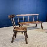Set of benches and chairs, primitive folk art, 1900s France