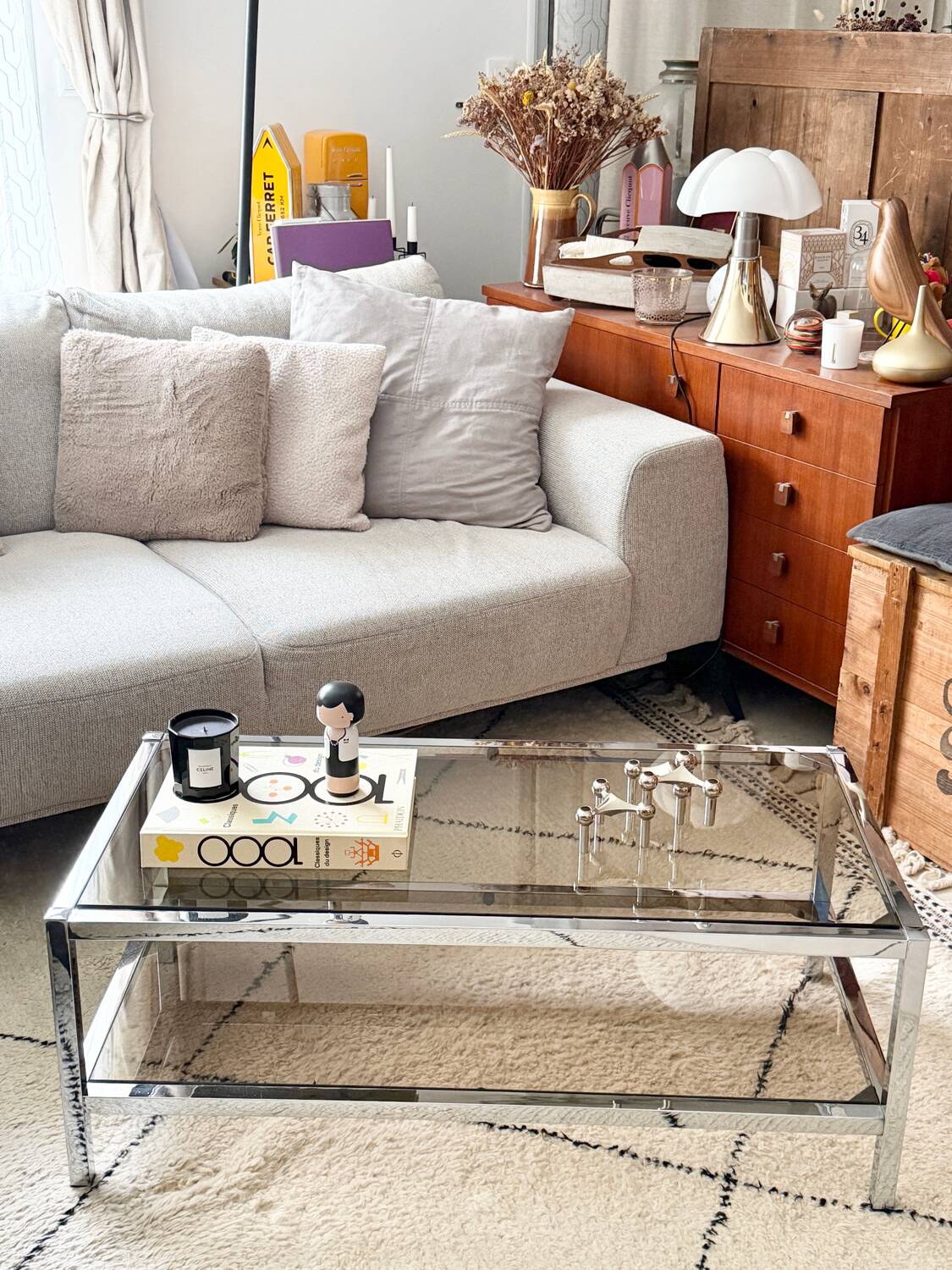 Table Basse Vintage Chrome & Verre Fumé (Style Belgo Chrom)
