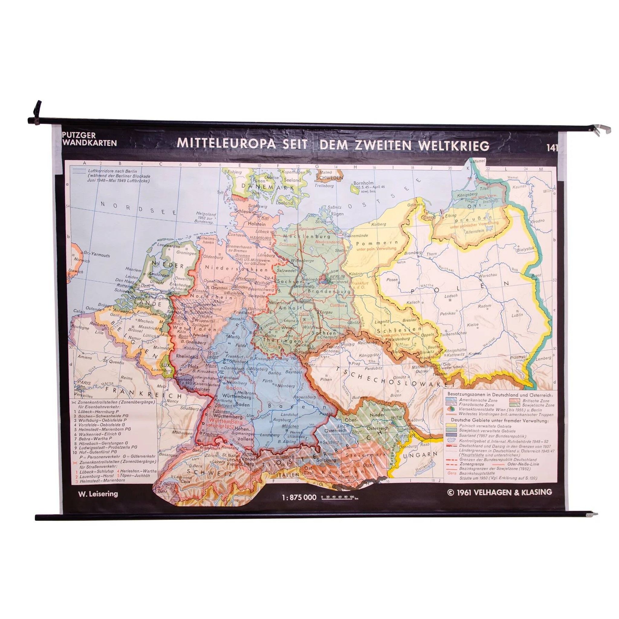 Carte scolaire vintage allemande de l'Europe centrale, 1961