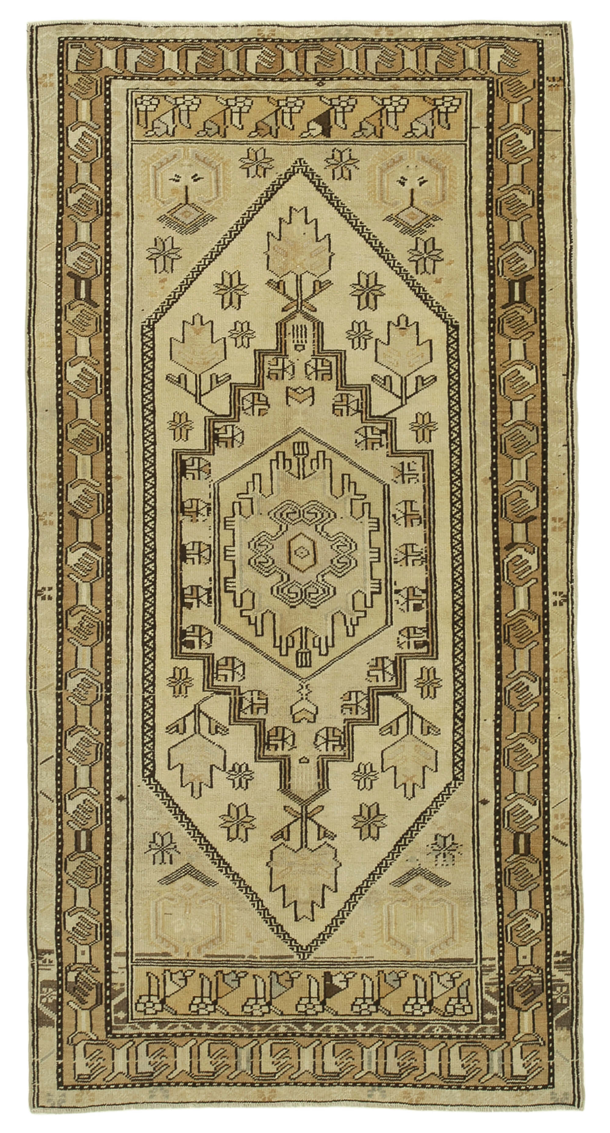 1960s Handmade Rustic Oriental Beige Carpet 115 cm x 222 cm
