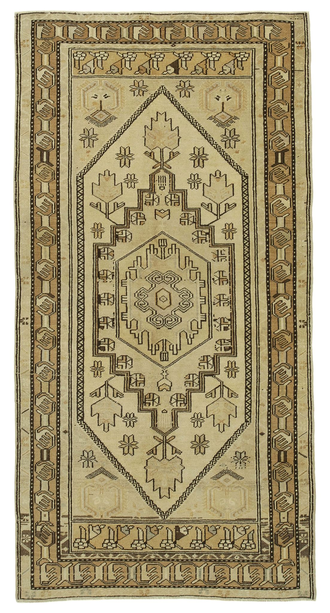 1960s Handmade Rustic Oriental Beige Carpet 115 cm x 222 cm