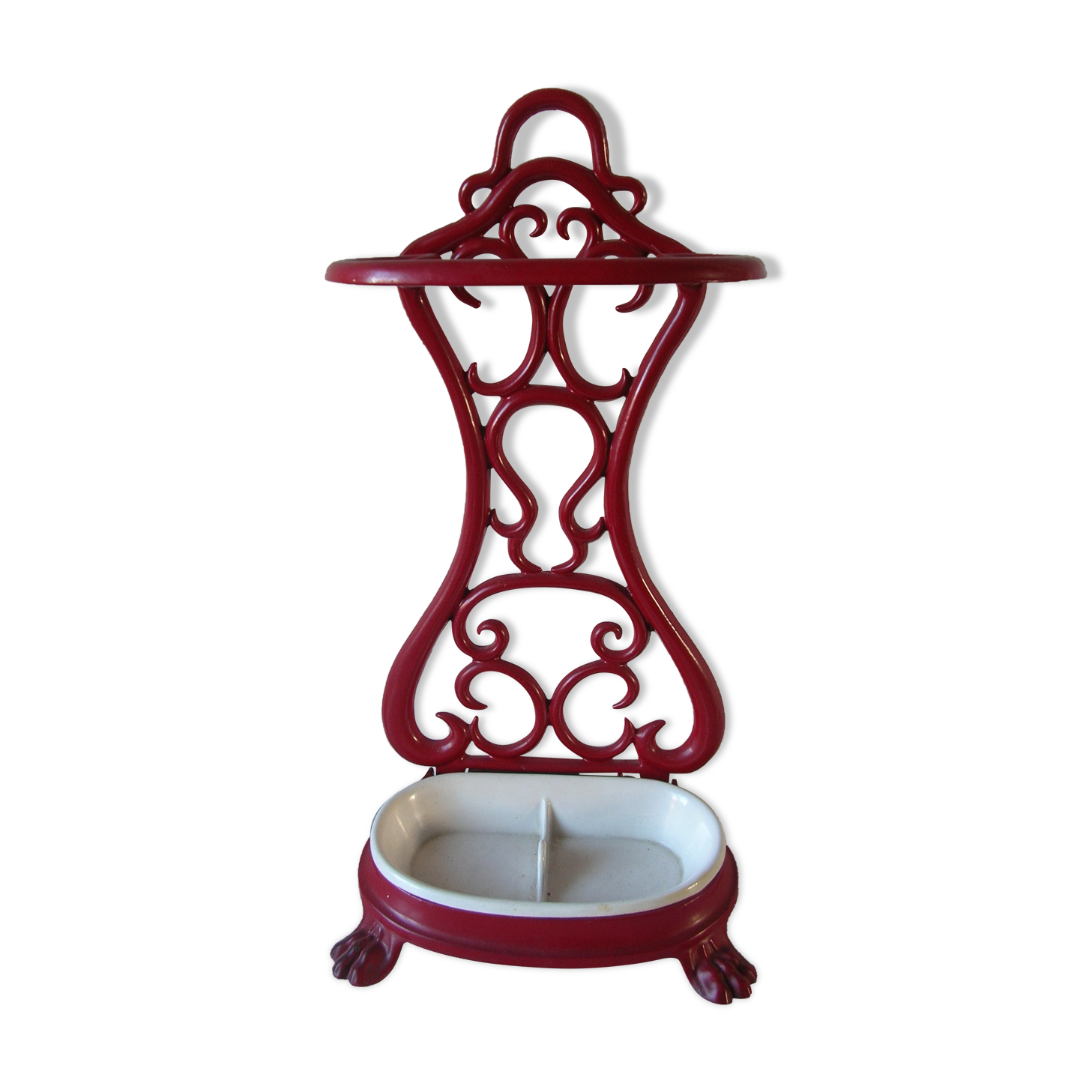 Old umbrella holder cane lion's paw in red and white enamelled cast iron