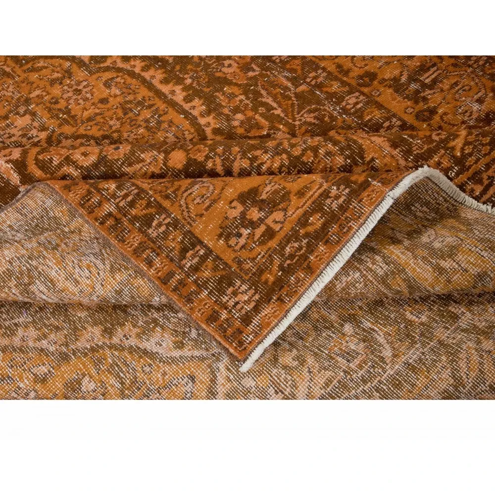 Vintage Hand-knotted Medallion Design Turkish Wool Area Rug Overdyed in Orange for Living Room