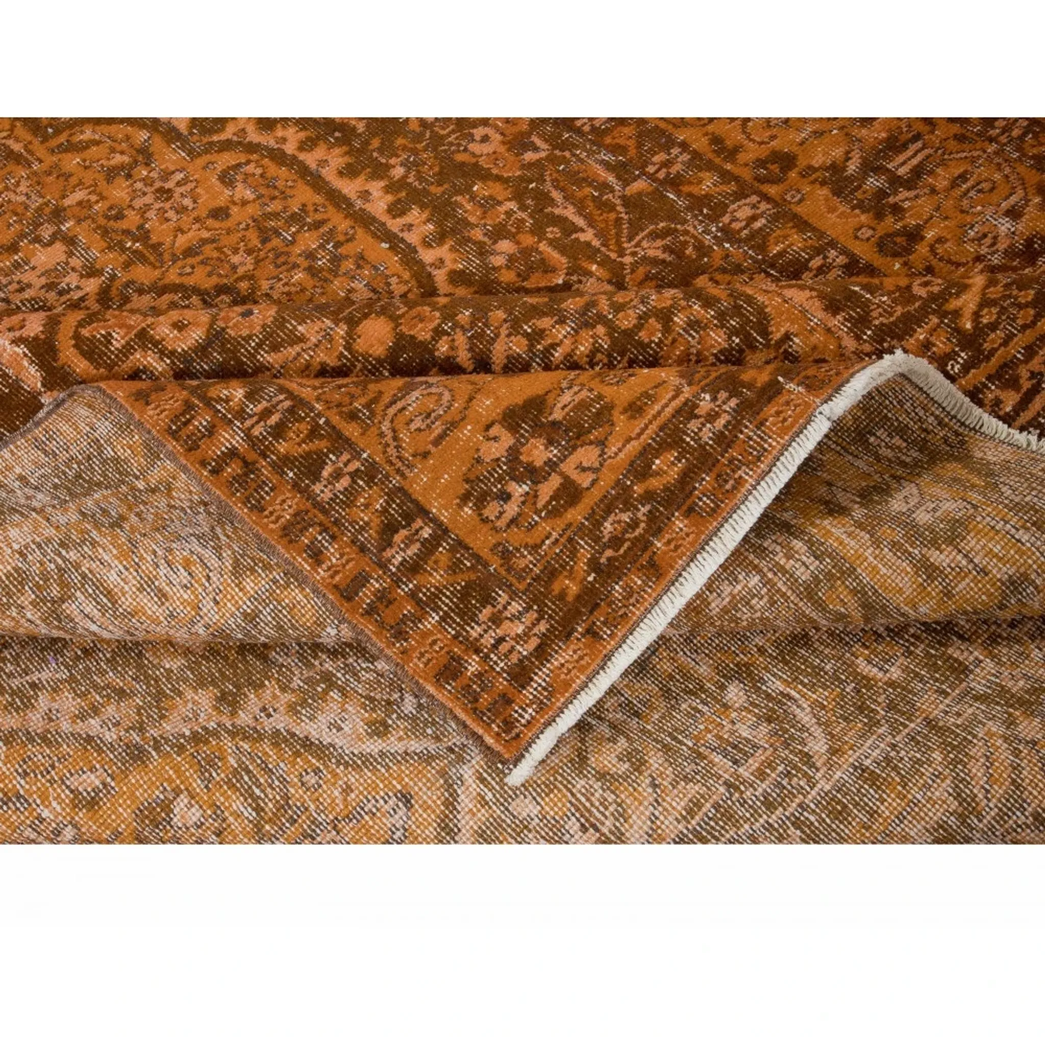 Vintage Hand-knotted Medallion Design Turkish Wool Area Rug Overdyed in Orange for Living Room