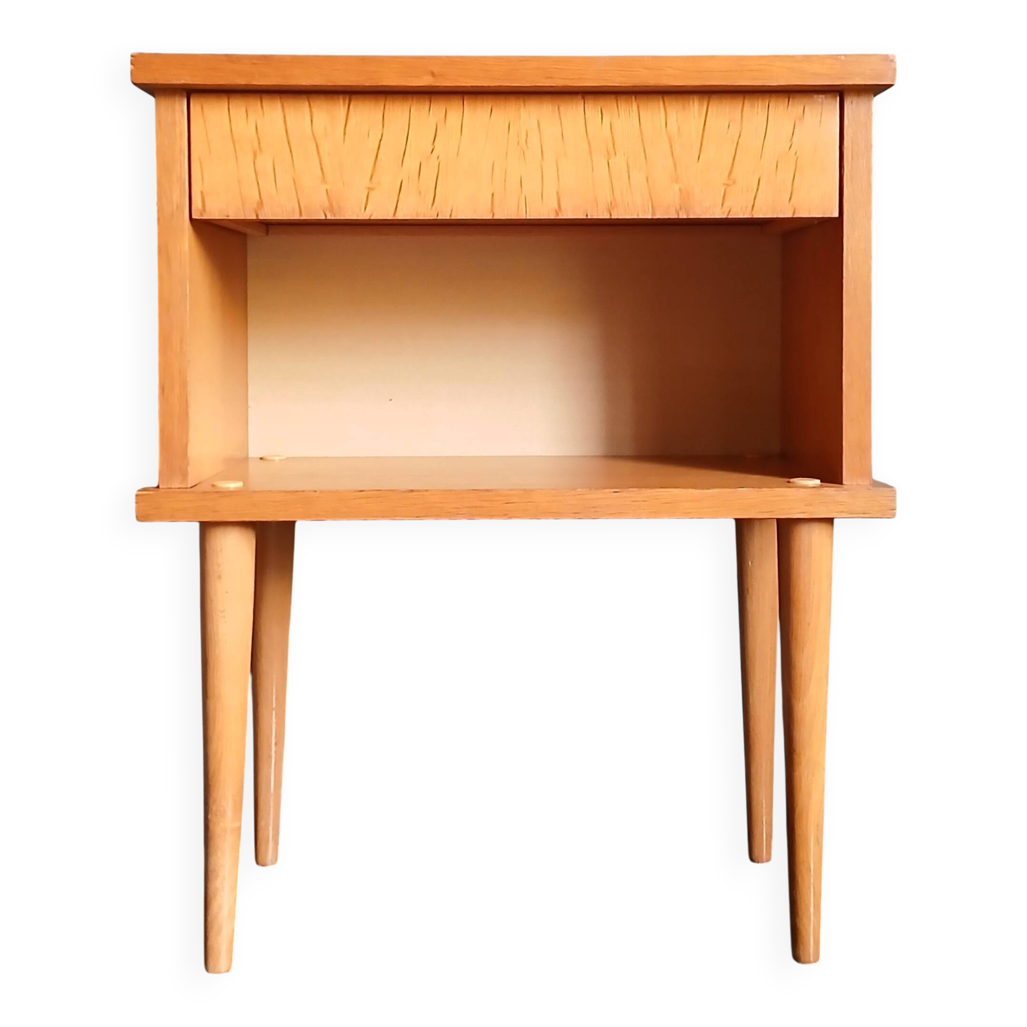Nightstand in golden oak veneer. Around 1970.