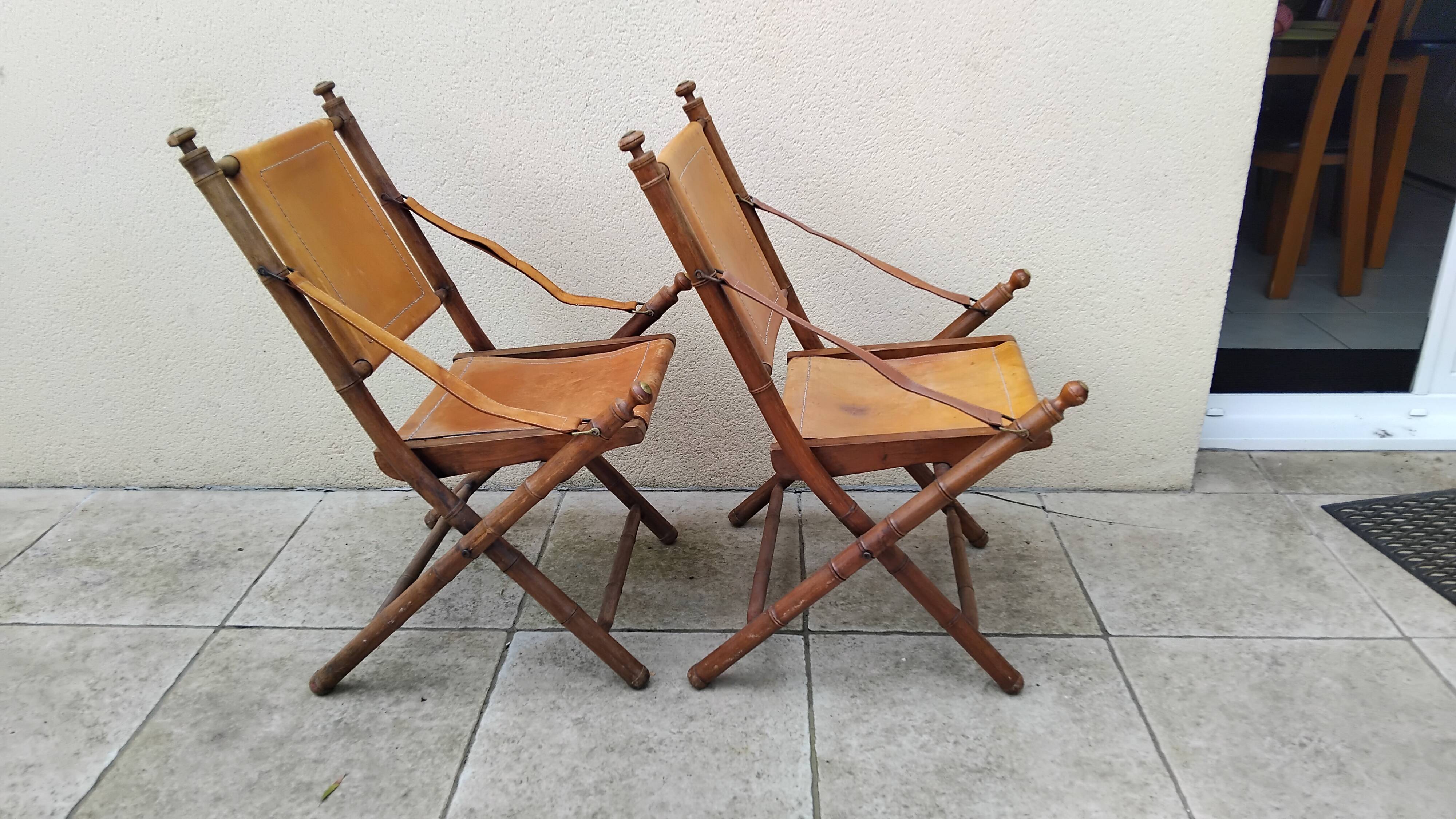 Vintage leather and wood folding chair SAFARI pair