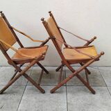 Vintage leather and wood folding chair SAFARI pair
