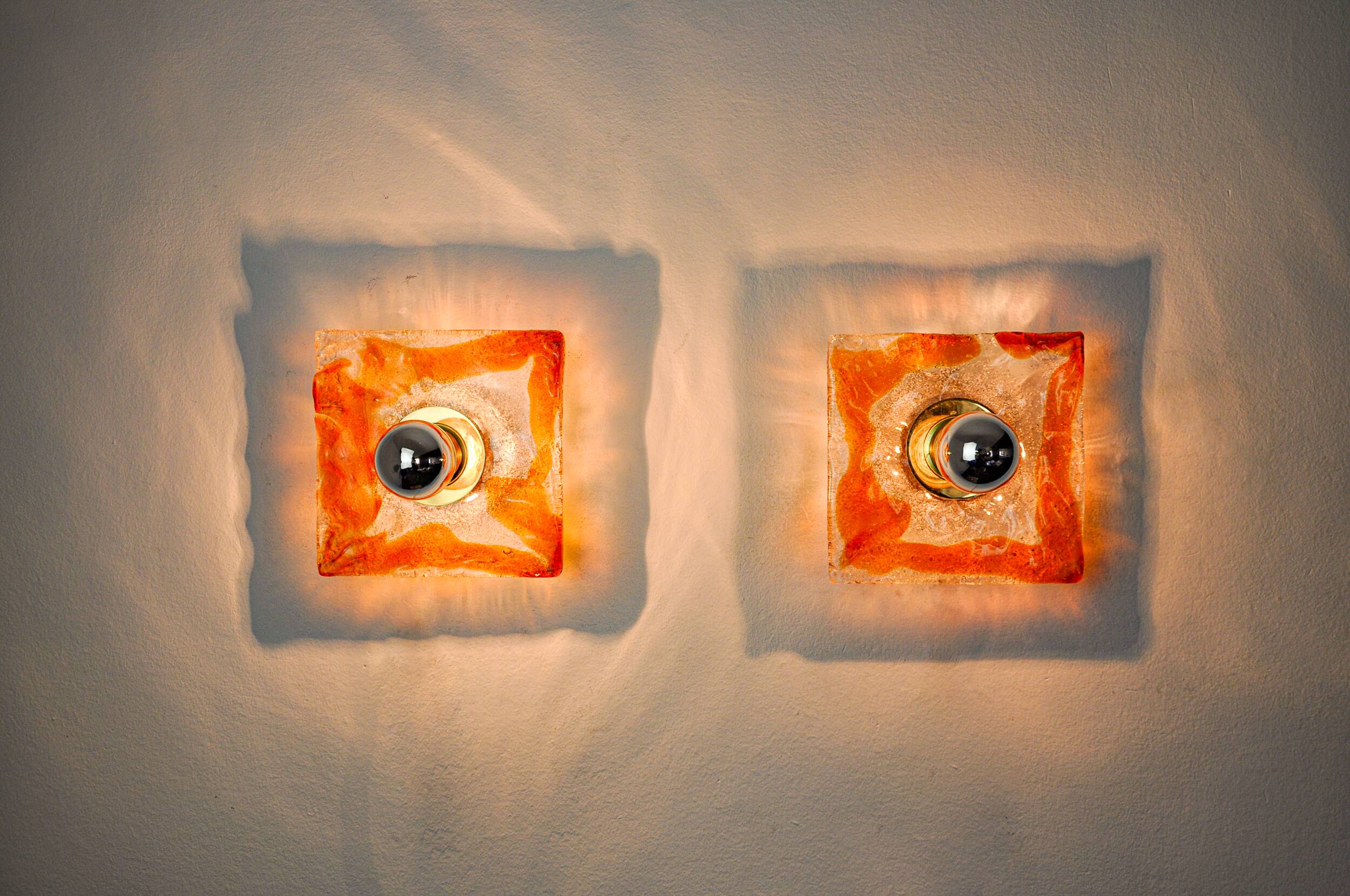 Pair of Murano Mazzega wall lights, orange frosted glass, Italy, 1970