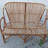 Set bench table and two armchairs in rattan 1950 vintage