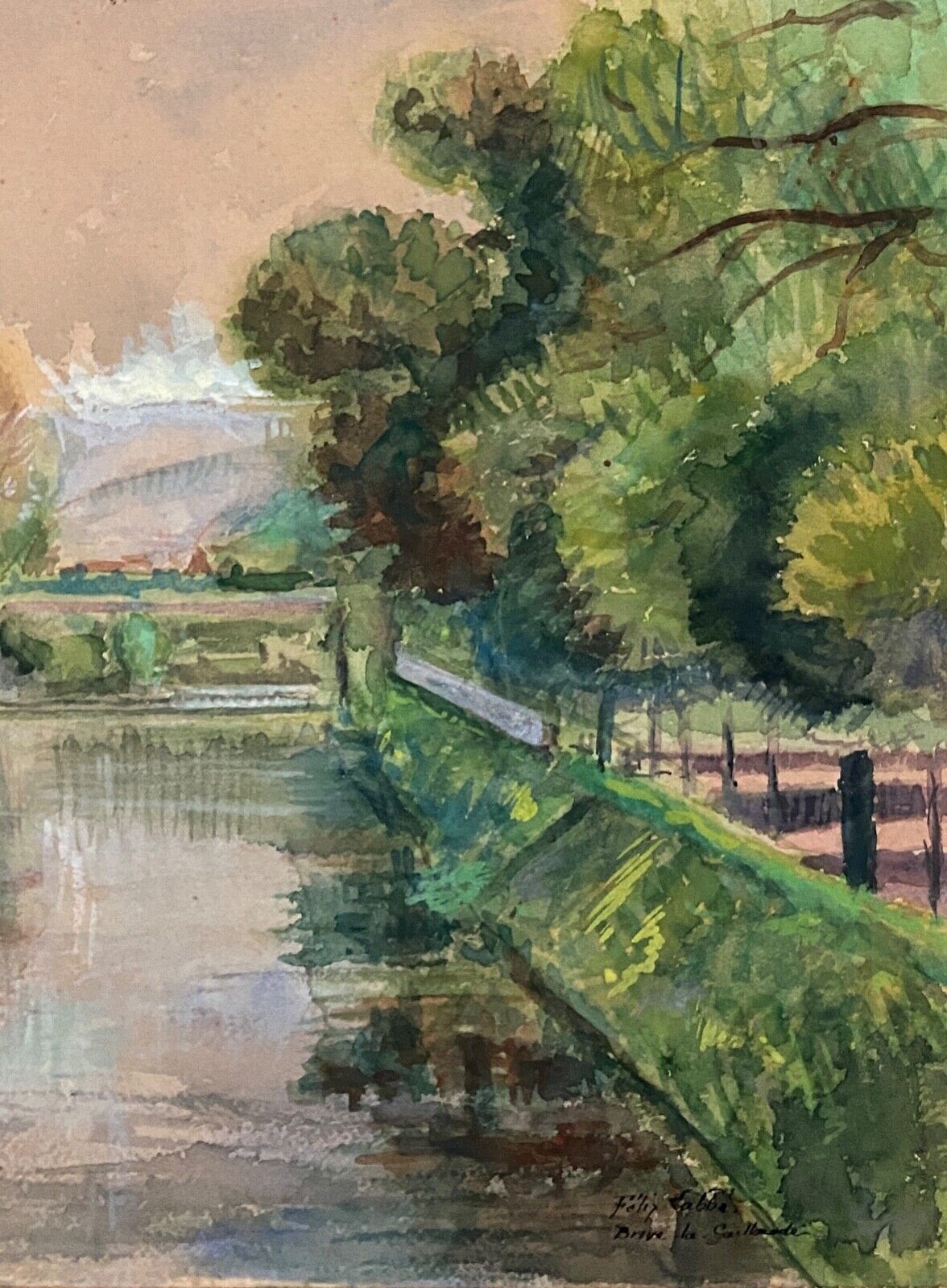Watercolor on paper by Félix Labbé Brive-la-Gaillarde bord de canal XXe