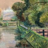 Watercolor on paper by Félix Labbé Brive-la-Gaillarde bord de canal XXe