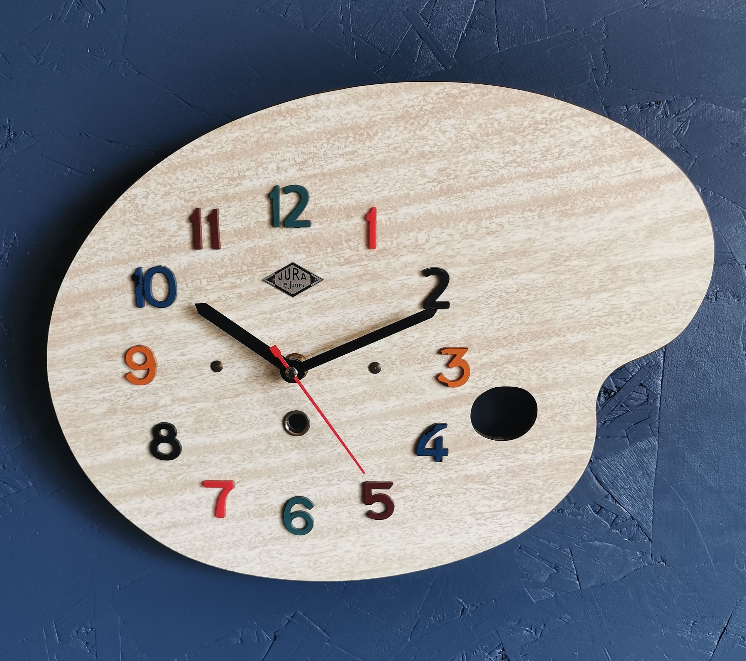 Vintage formica clock silent wall clock painter palette "Jura spruce"