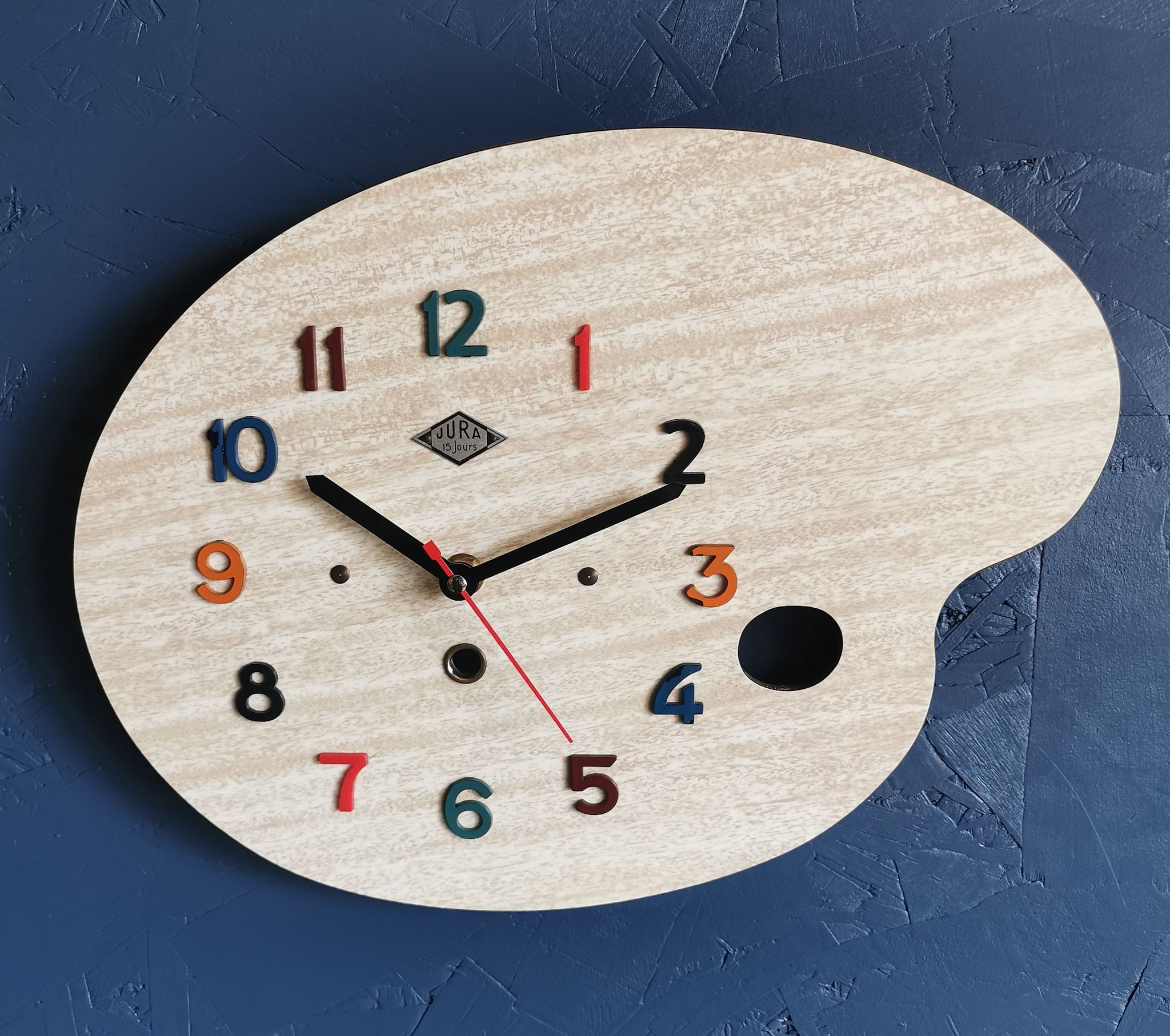 Vintage formica clock silent wall clock painter palette "Jura spruce"