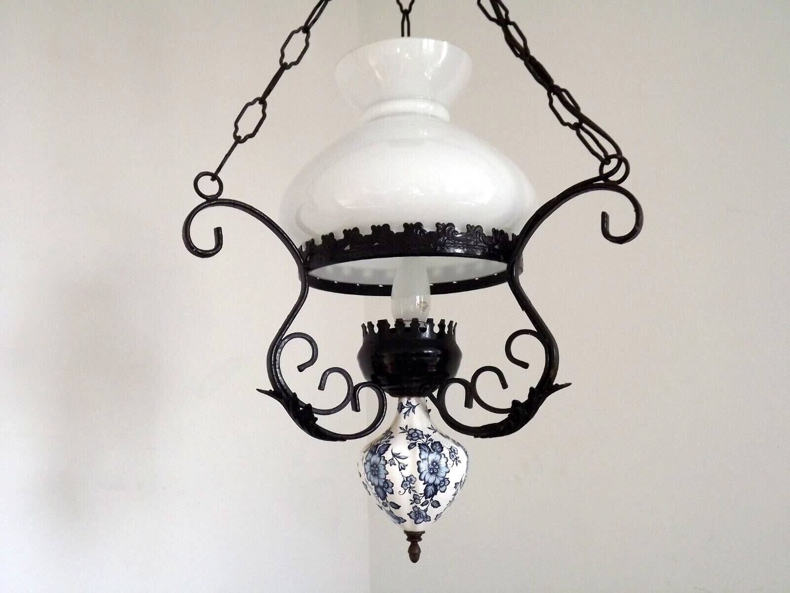 French country lantern ceiling light blue floral finial opaque glass shade 4521