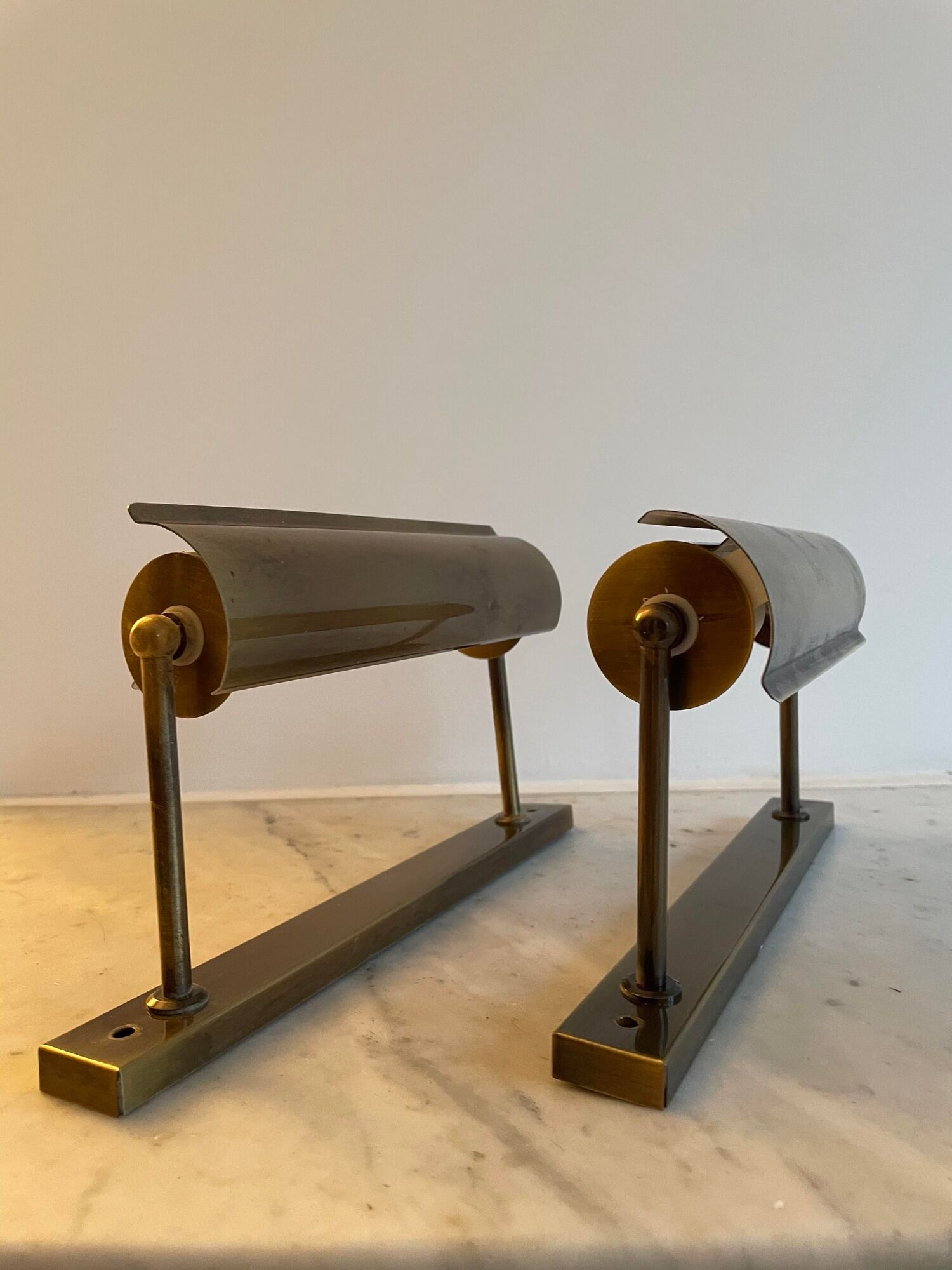 Pair of adjustable vintage wall lamps, matte brass, France 1970