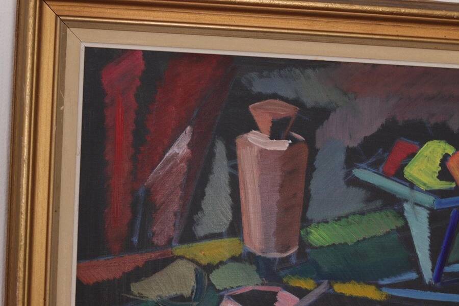Original mid-century Swedish oil on canvas – “Kubisk Still Life” by Bror Göransson – vintage & framed – 75 × 64 cm (29.5" × 25.2")