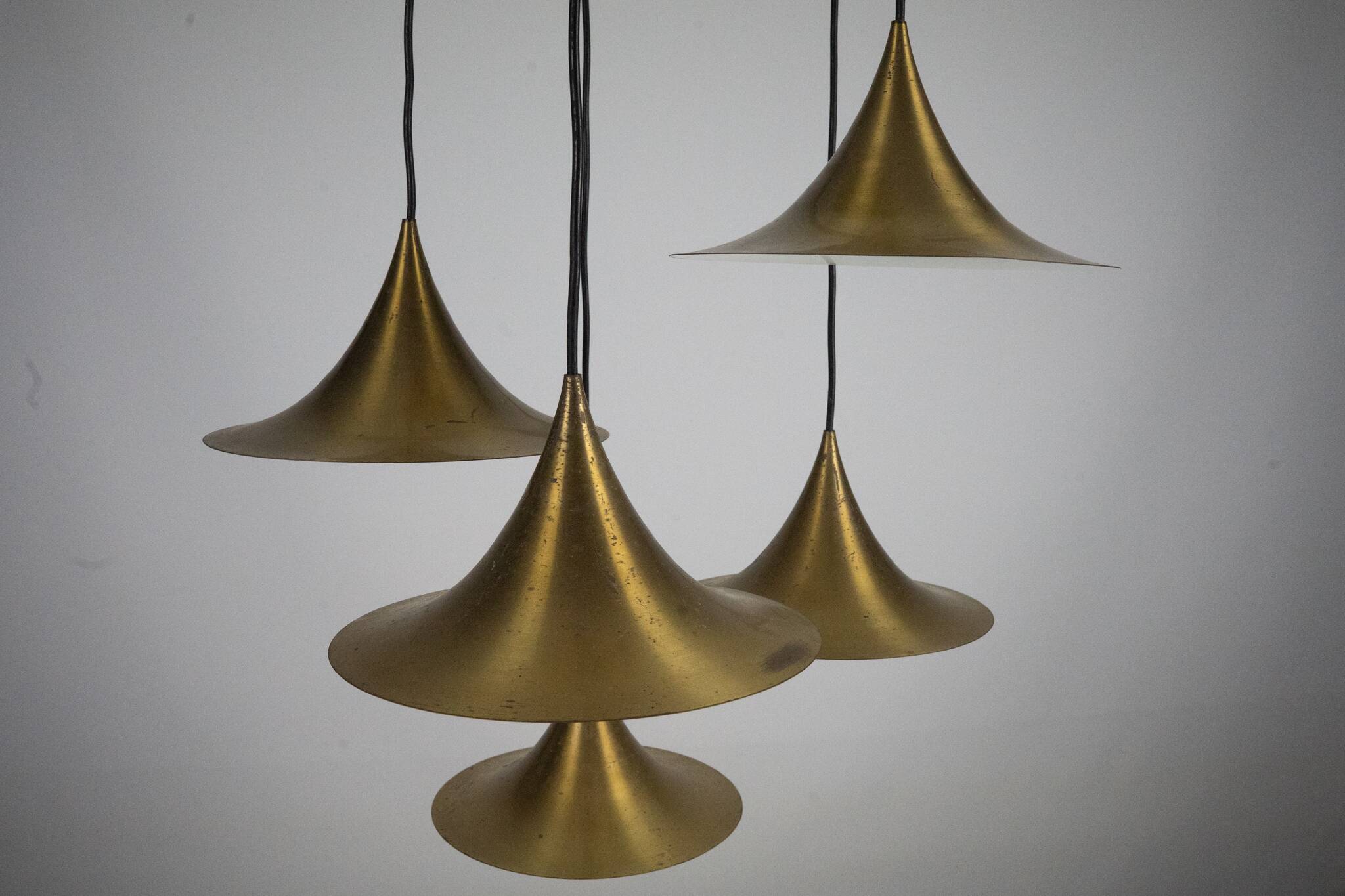 Fog & Morup, Midcentury Brass Pendant with Five Pendant Drops. Danmark 1960