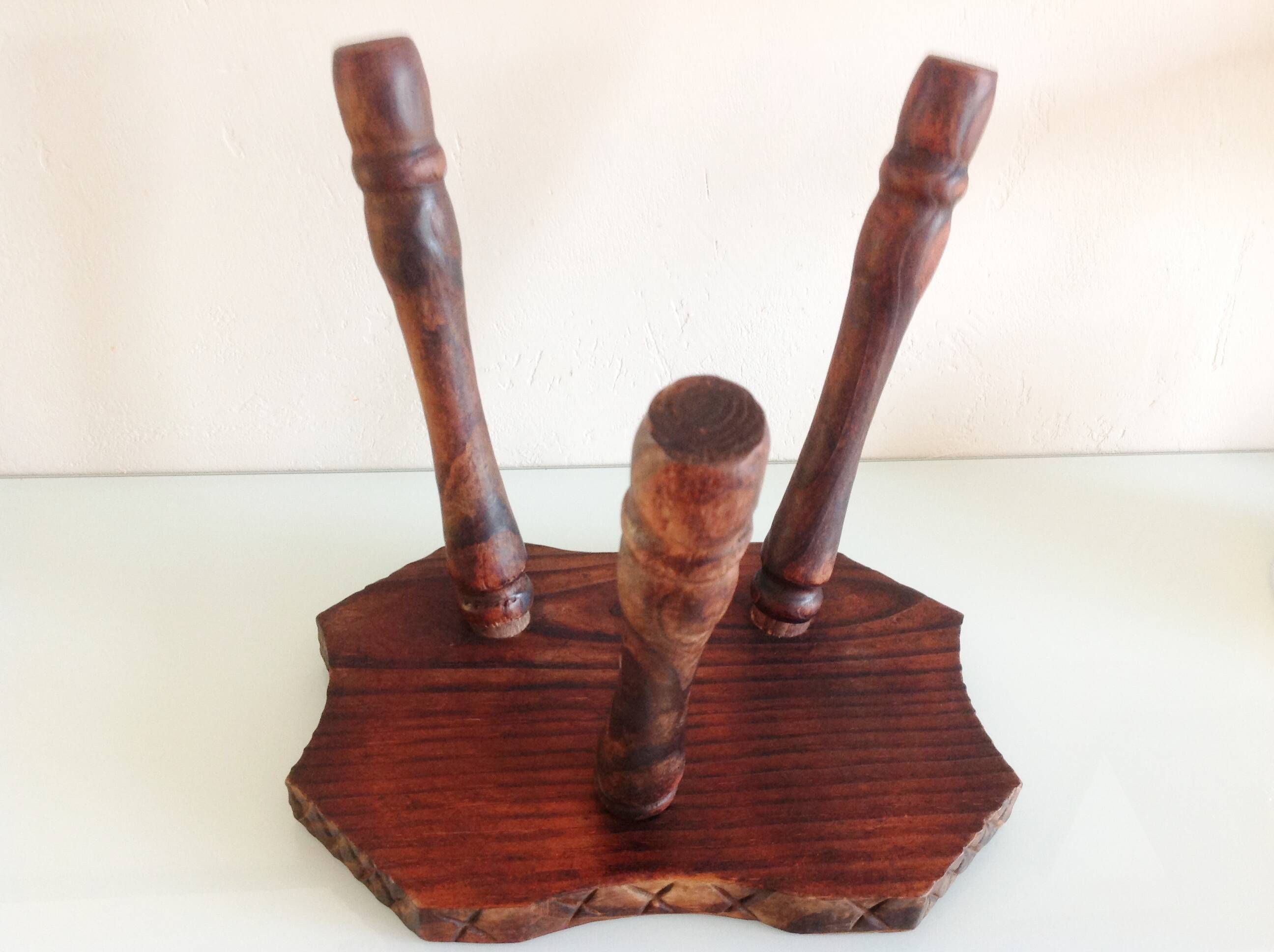 Vintage brutalist wooden tripod stool from the 60s and 70s