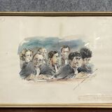 Watercolor drawing representing the magistrates of a trial dated October 1986