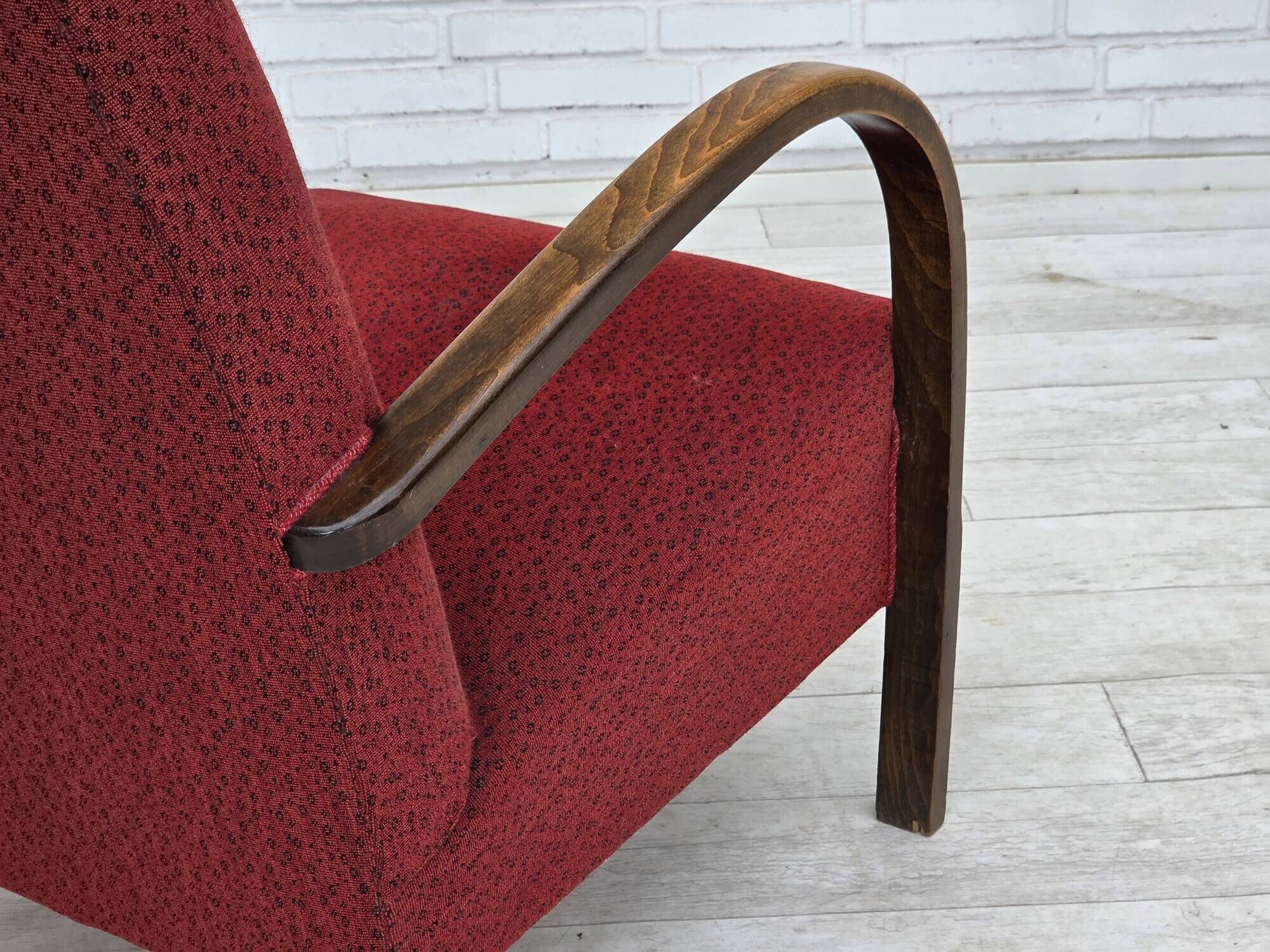 1950s, Danish art deco armchair, original red furniture wool, beech wood.