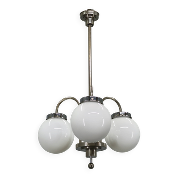 1930s Czech Art Deco Chandelier with Three Opaline Glass Globes