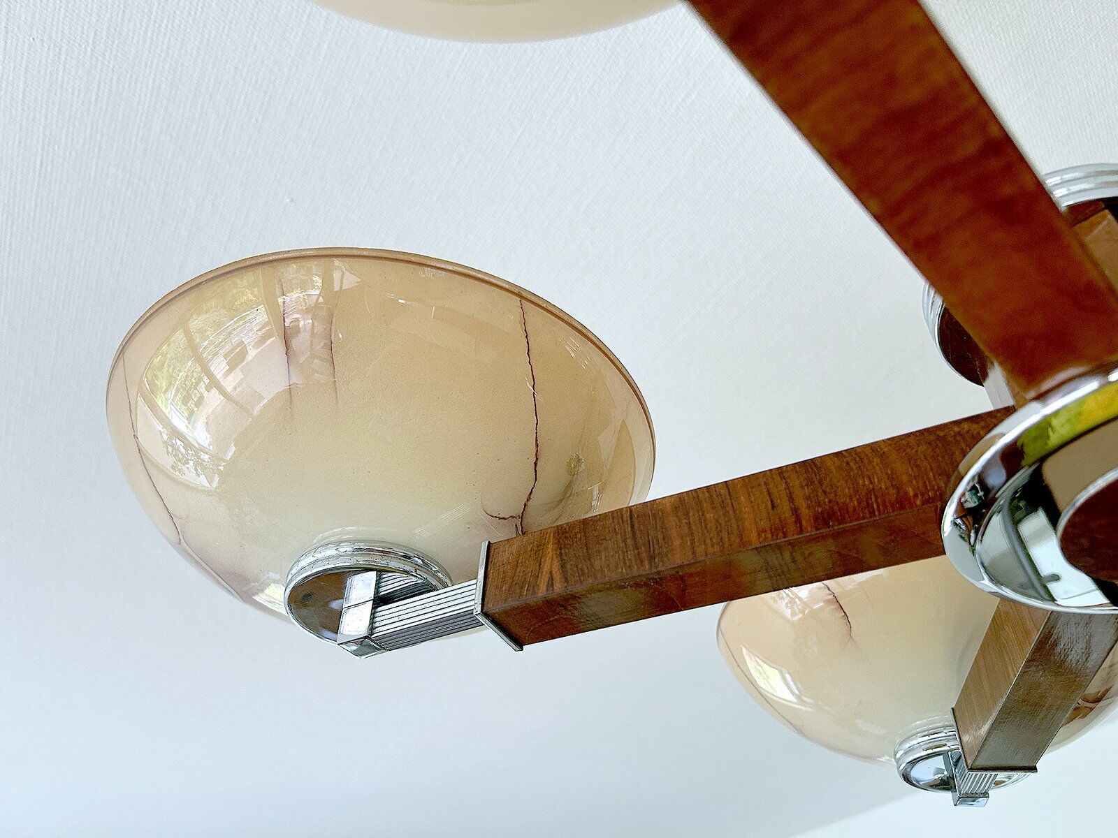 Large Art Deco pendant light in wood and glass, 1930s