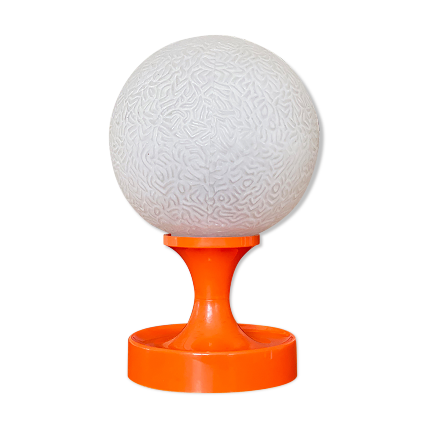 Orange vintage space age eyeball table lamp with a glass globe