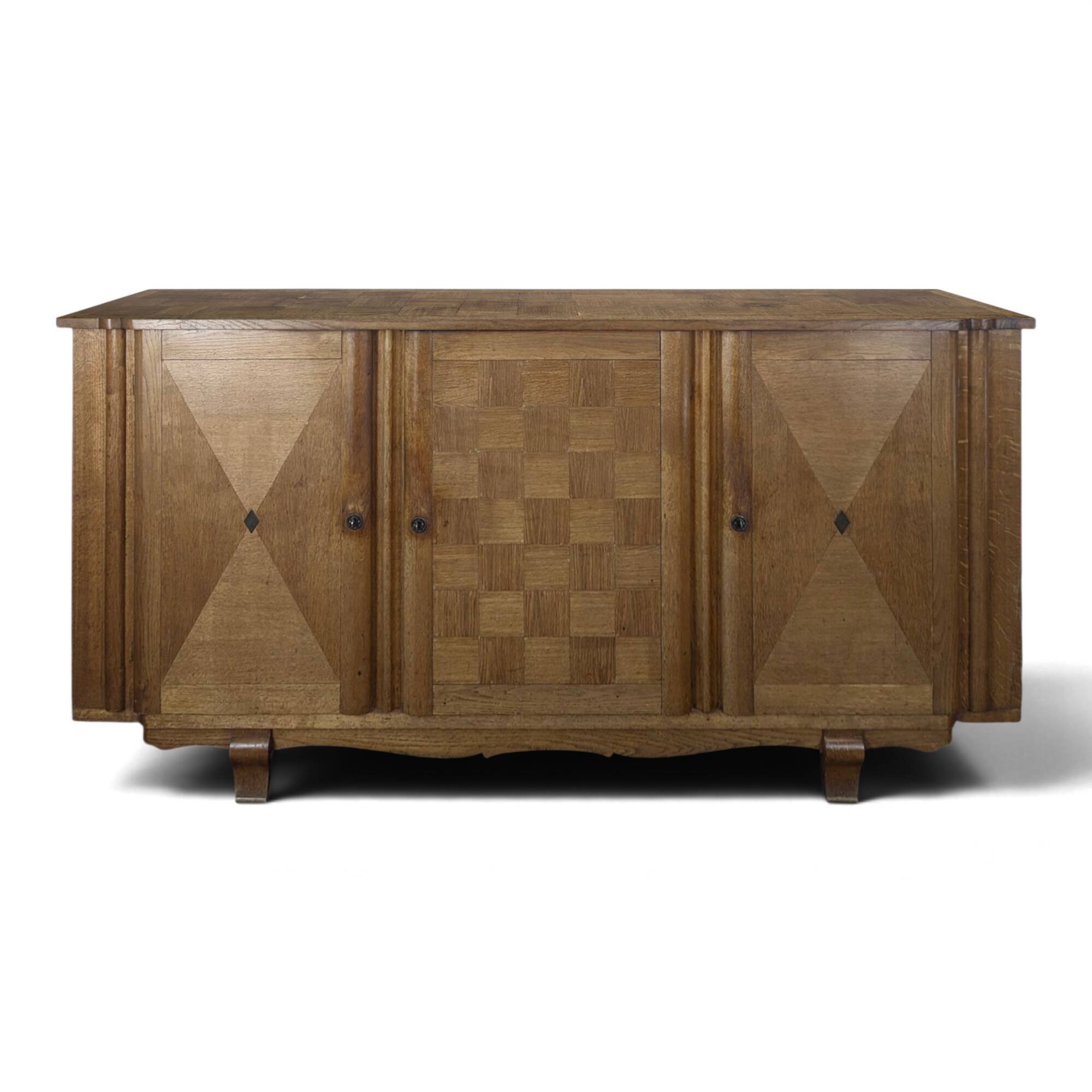 Art Deco oak enfilade with checkerboard marquetry, three doors, 1940s.