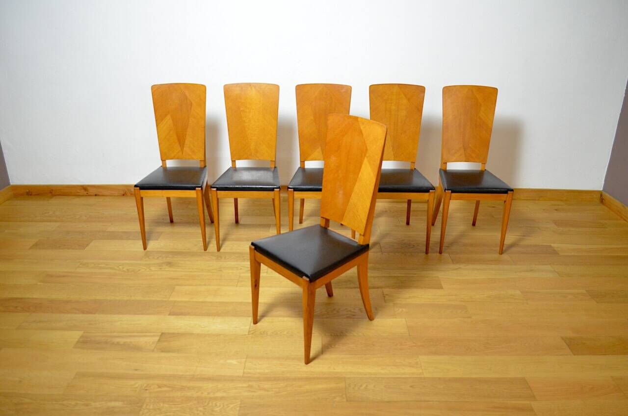 6 Vintage Light Oak Chairs, France 1960