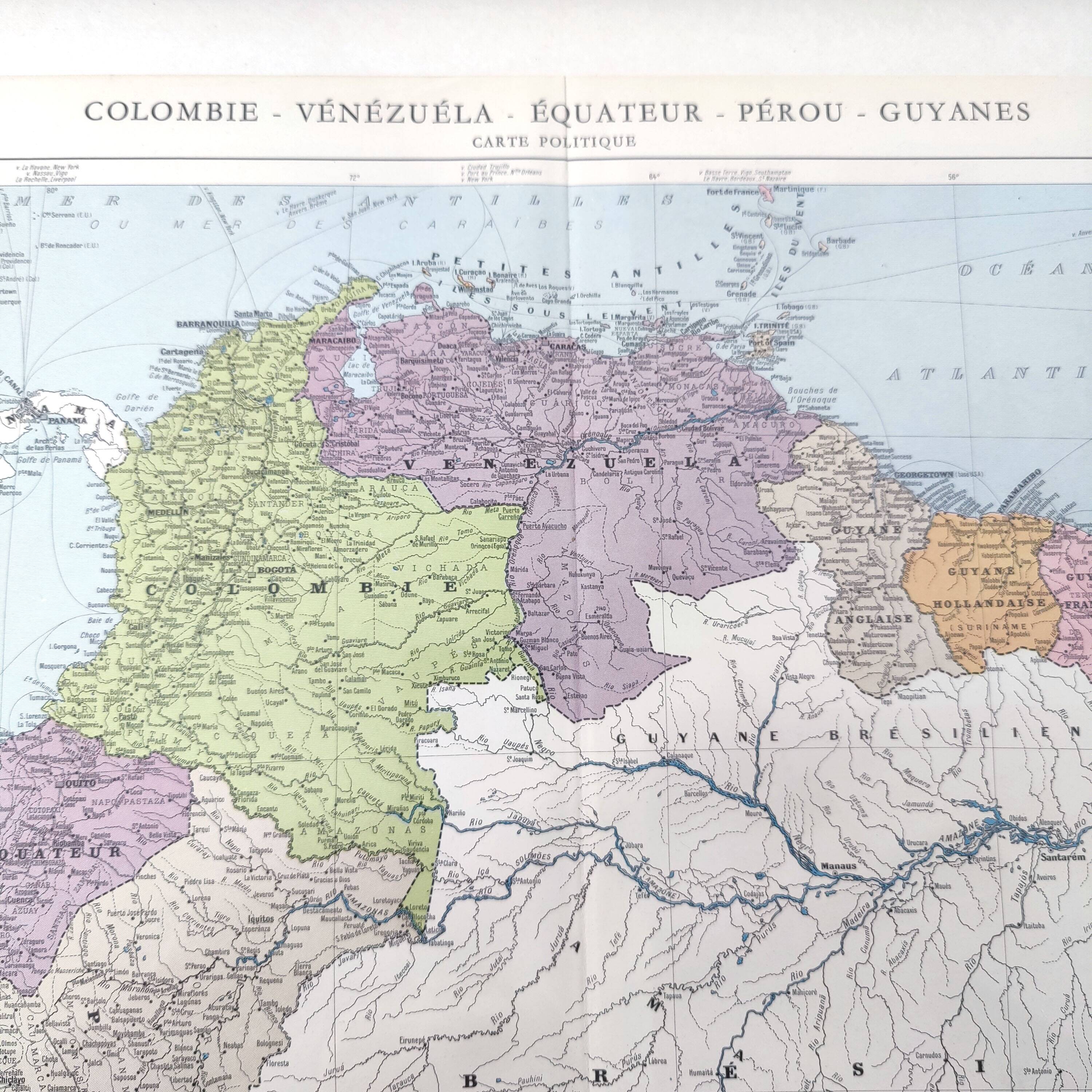 Vintage map Colombia Venezuela Ecuador Guyanas 43x43cm from 1950