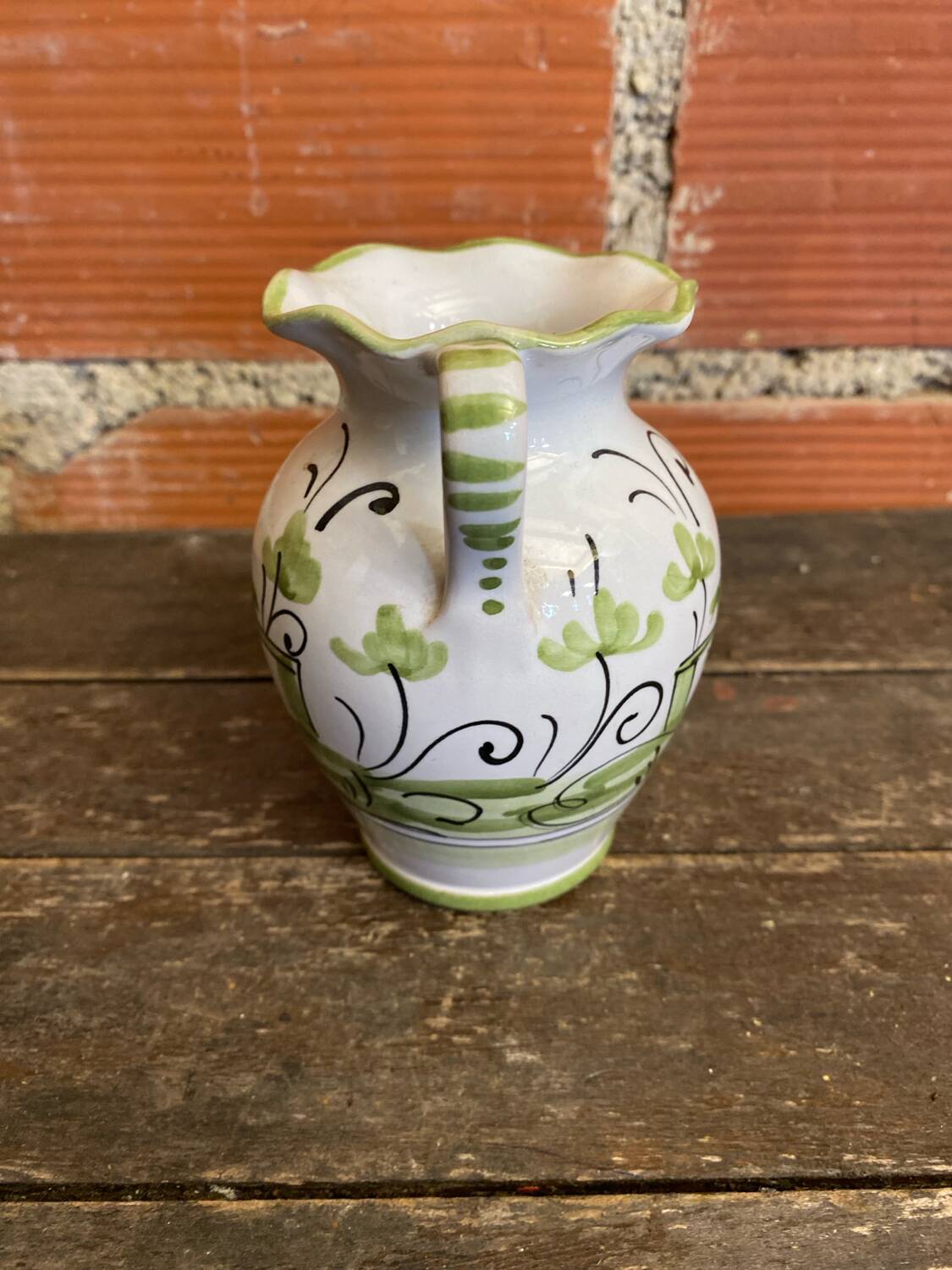 Vintage White Ceramic Vase with Green Landscape Decor from the 1970s