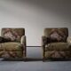 Modern Danish pair of curved lounge chairs, original fabric, Fritz Hansen, 1940.