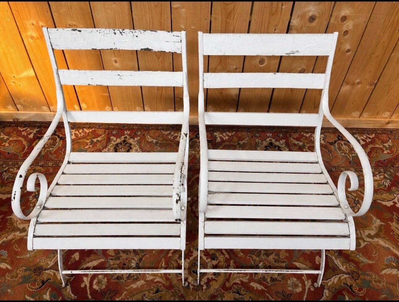 Paire de fauteuils de jardin XIXe, fer forgé & bois, style Restauration