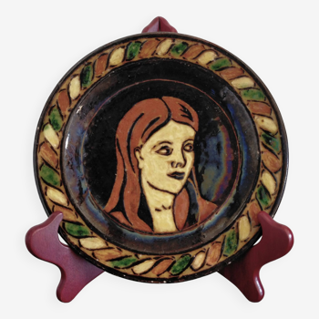 Vintage Dauphiné glazed terracotta dish Portrait of a woman
