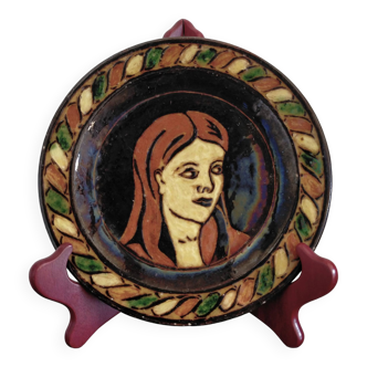 Vintage Dauphiné glazed terracotta dish Portrait of a woman