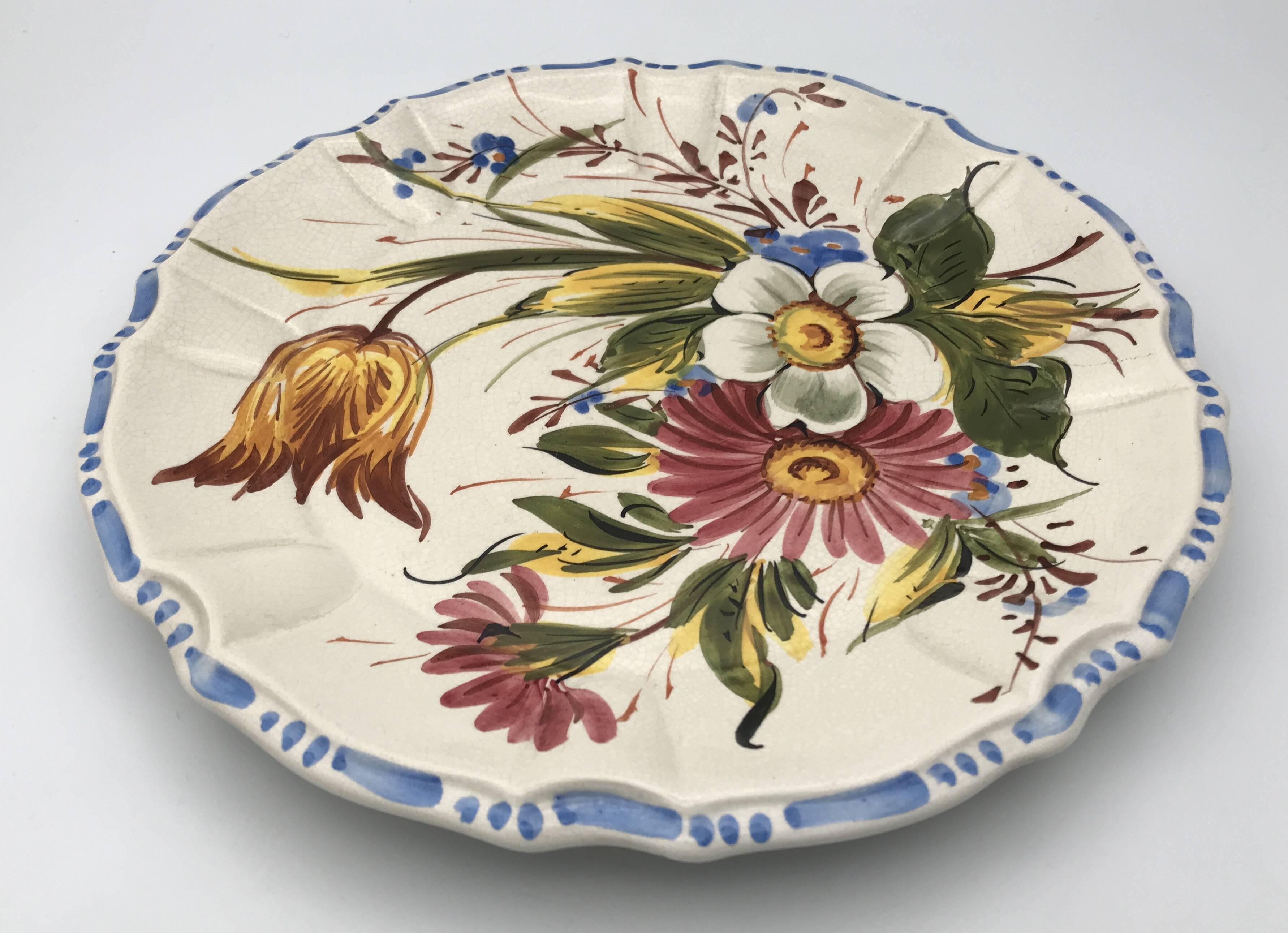 Earthenware wall plate signed bassano, italy, polychrome floral painting decoration
