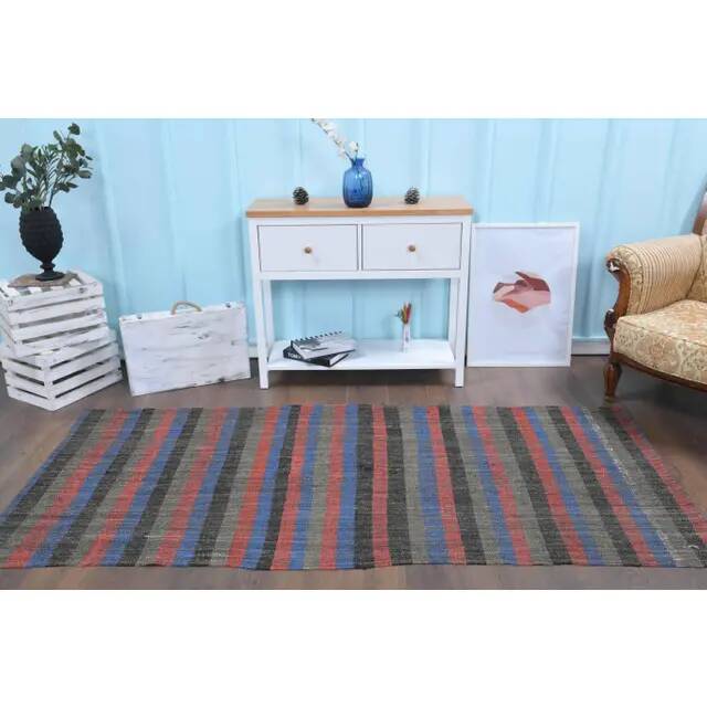 Vintage Turkish Hand-Knotted Wool Cotton Red Kilim Runner Rug 107x241